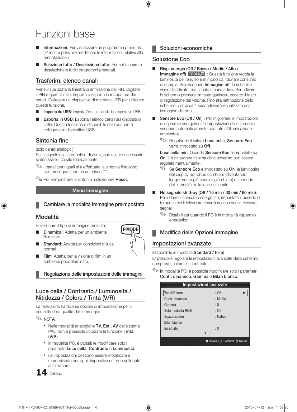 Funzioni base, Trasferim. elenco canali, Sintonia fine | Modalità, Soluzione eco, Impostazioni avanzate | Samsung PS50C490B3W User Manual | Page 182 / 382