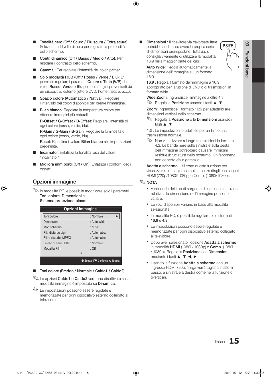 Opzioni immagine | Samsung PS50C490B3W User Manual | Page 183 / 382