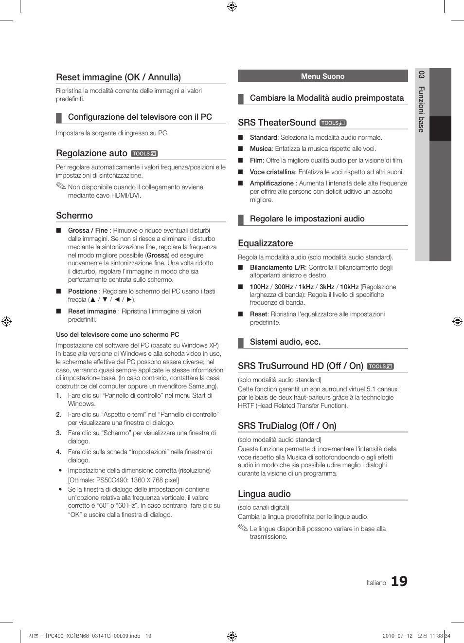 Reset immagine (ok / annulla), Regolazione auto, Schermo | Srs theatersound, Equalizzatore, Srs trusurround hd (off / on), Srs trudialog (off / on), Lingua audio | Samsung PS50C490B3W User Manual | Page 187 / 382