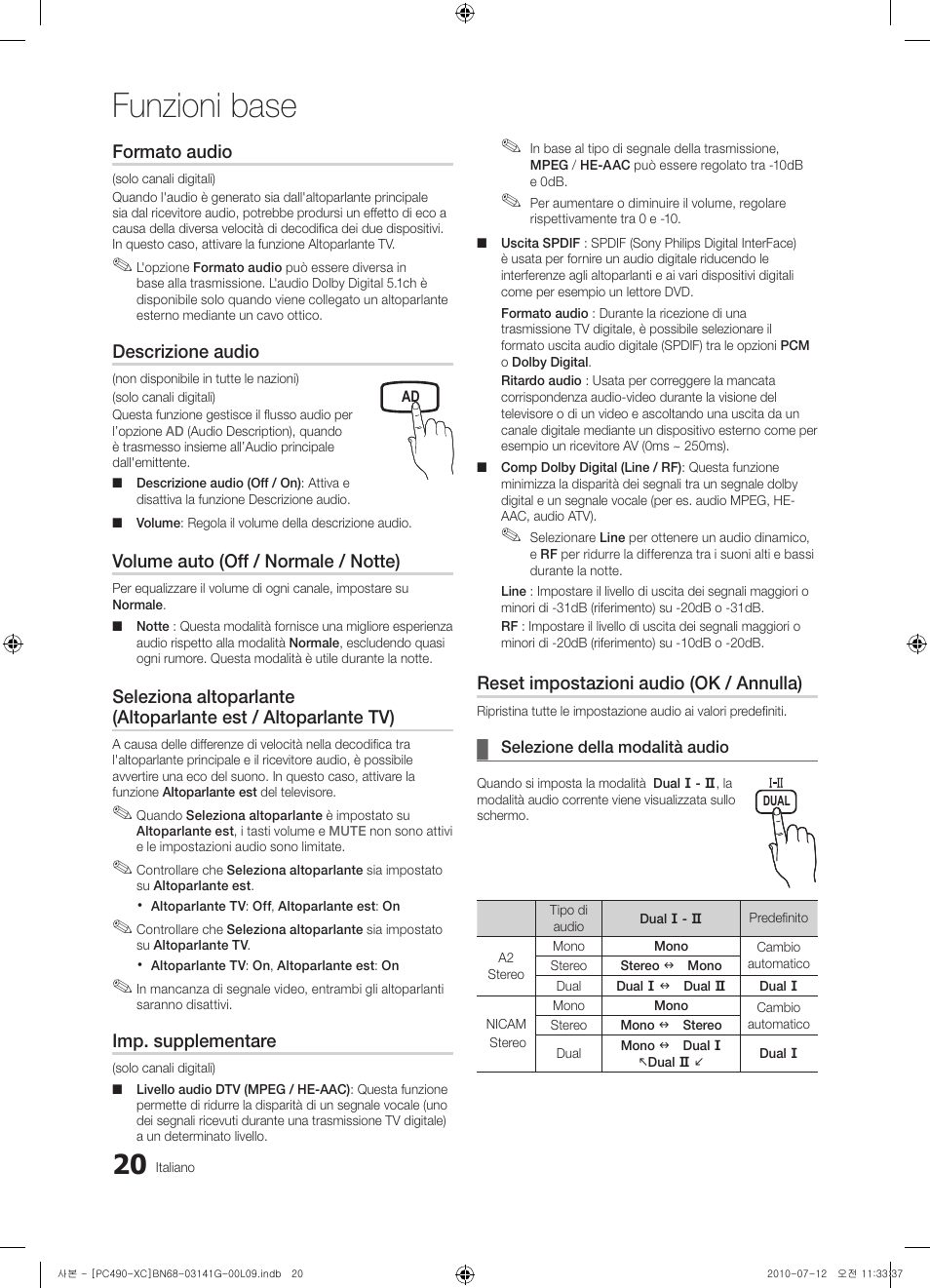 Funzioni base, Formato audio, Descrizione audio | Volume auto (off / normale / notte), Imp. supplementare, Reset impostazioni audio (ok / annulla) | Samsung PS50C490B3W User Manual | Page 188 / 382