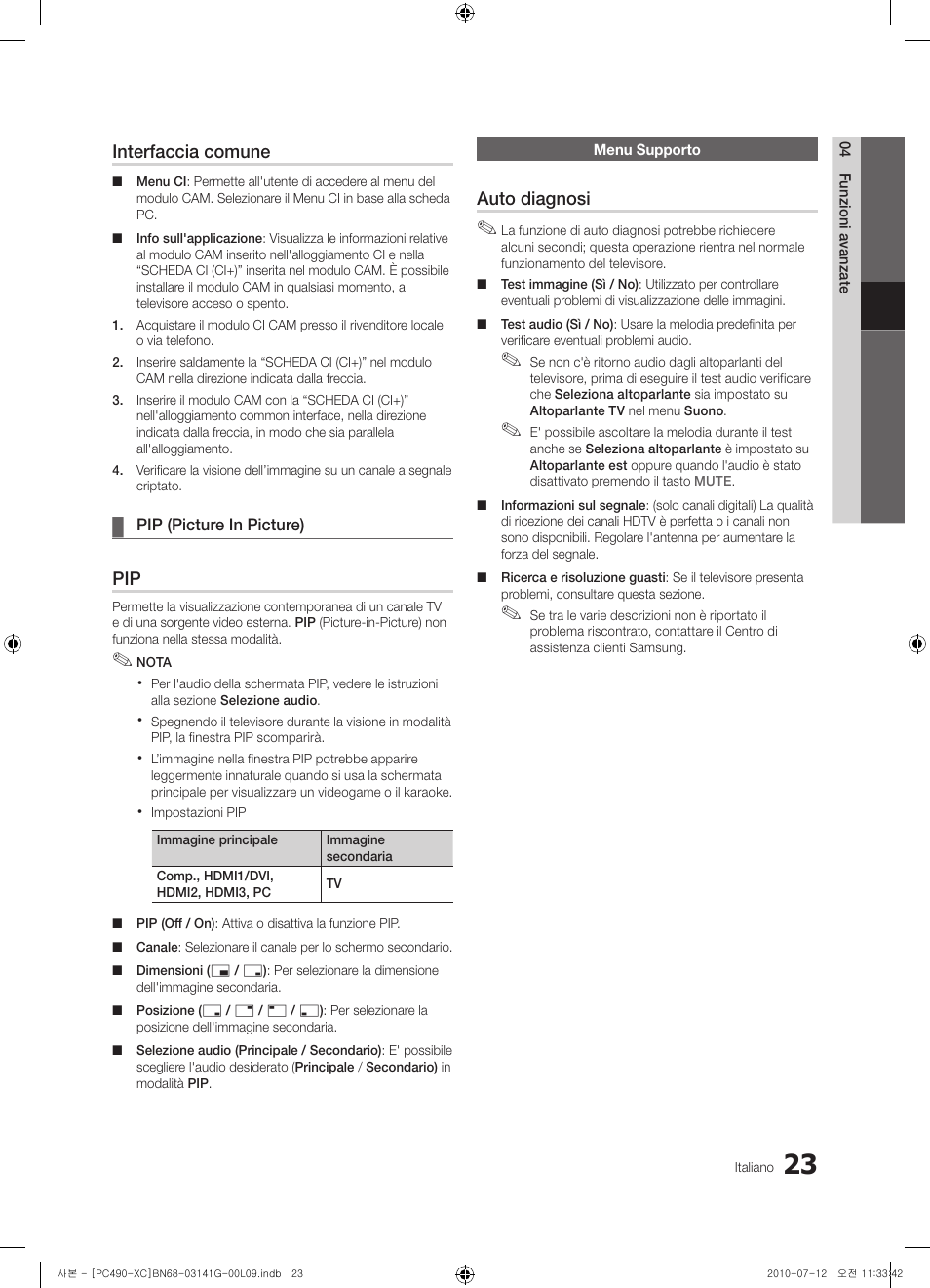 Interfaccia comune, Auto diagnosi | Samsung PS50C490B3W User Manual | Page 191 / 382