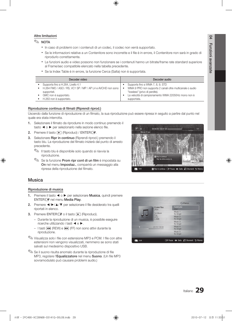 Musica | Samsung PS50C490B3W User Manual | Page 197 / 382