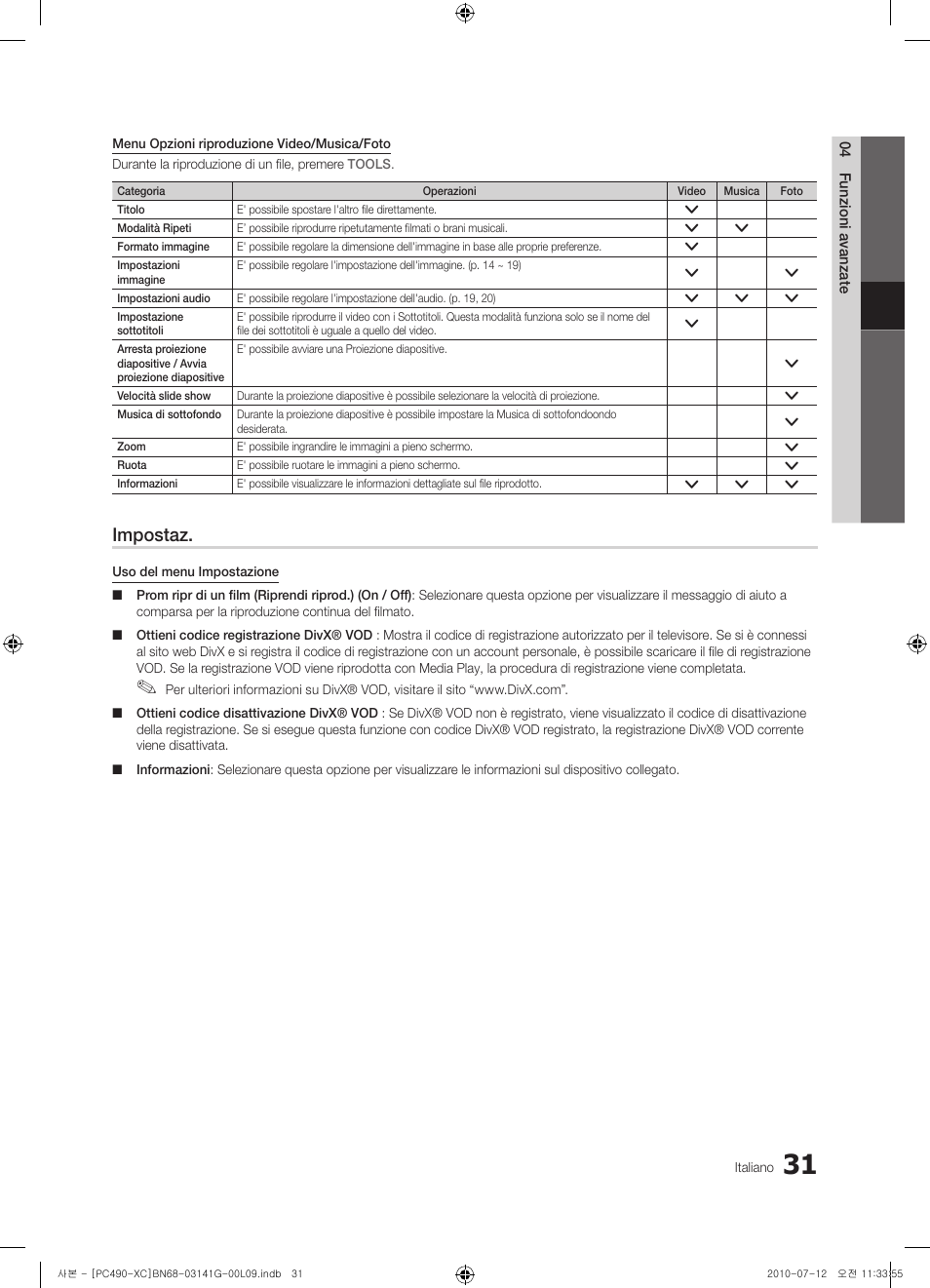 Impostaz | Samsung PS50C490B3W User Manual | Page 199 / 382