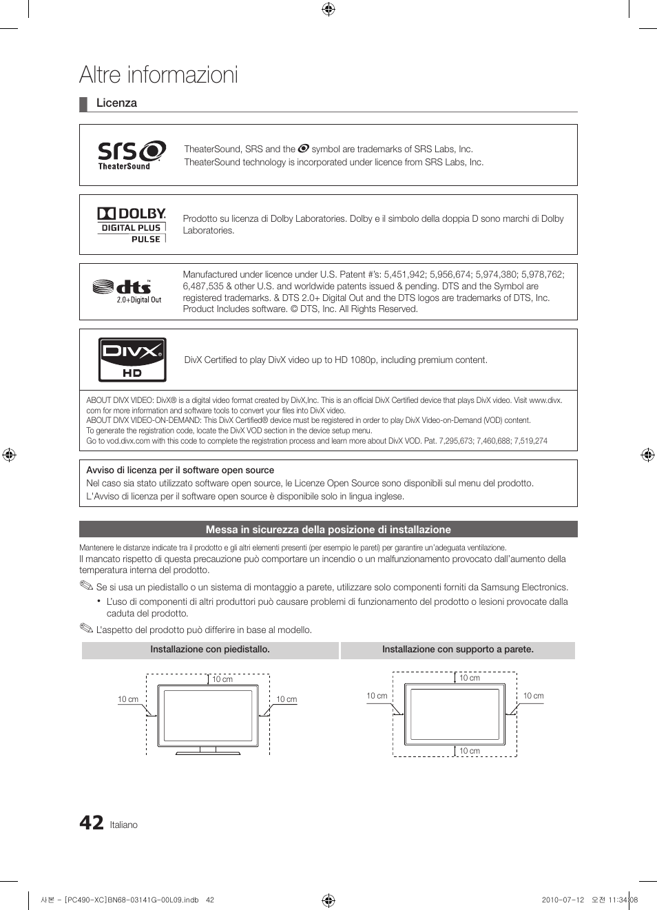 Altre informazioni | Samsung PS50C490B3W User Manual | Page 210 / 382