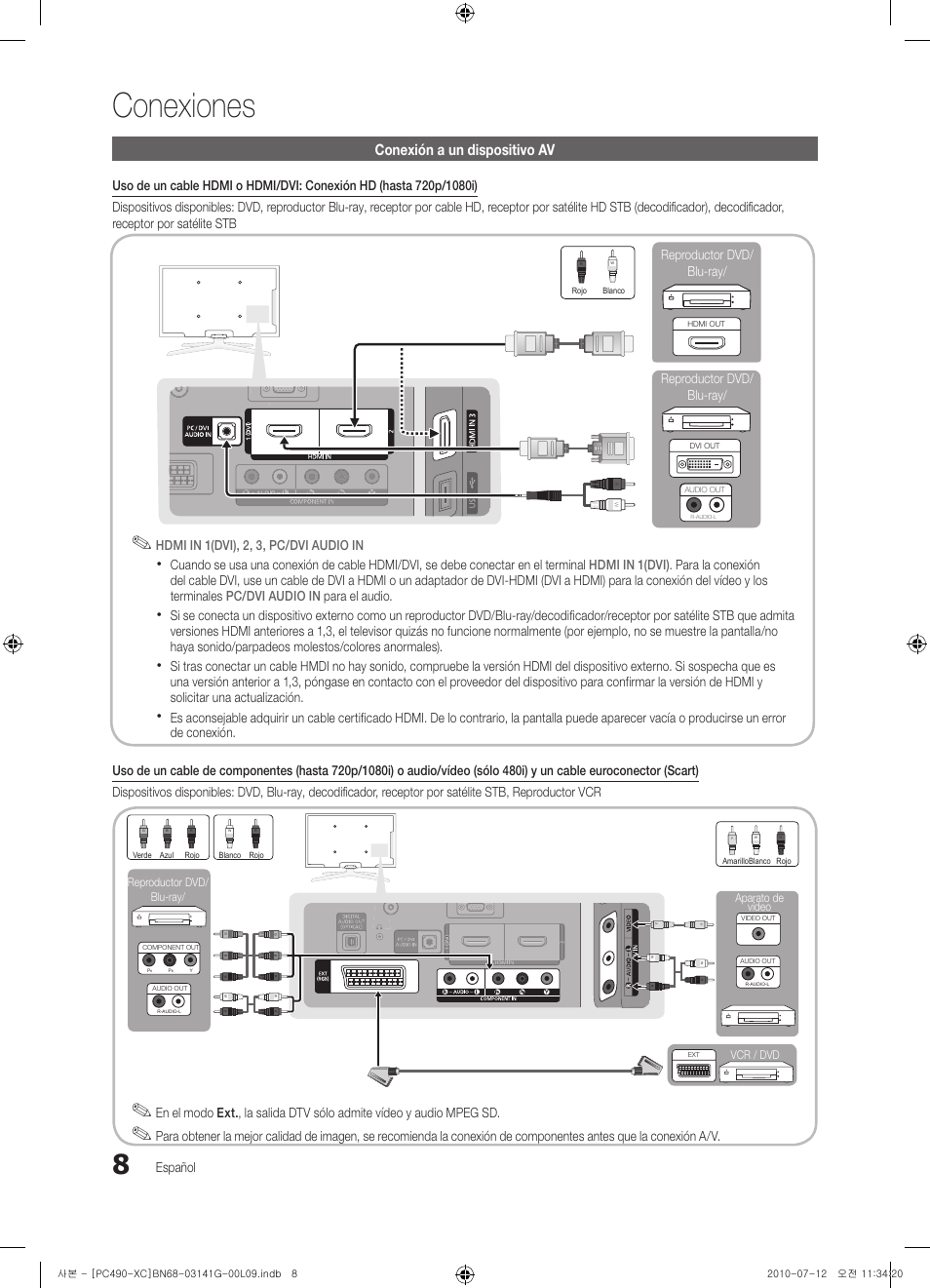 Conexiones, Conexión a un dispositivo av | Samsung PS50C490B3W User Manual | Page 220 / 382