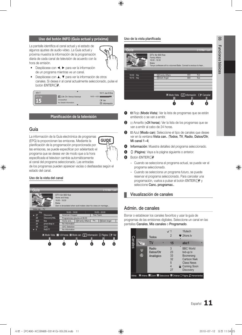 Guía, Admin. de canales, Visualización de canales | Guide, Planificación de la televisión, Canales | Samsung PS50C490B3W User Manual | Page 223 / 382