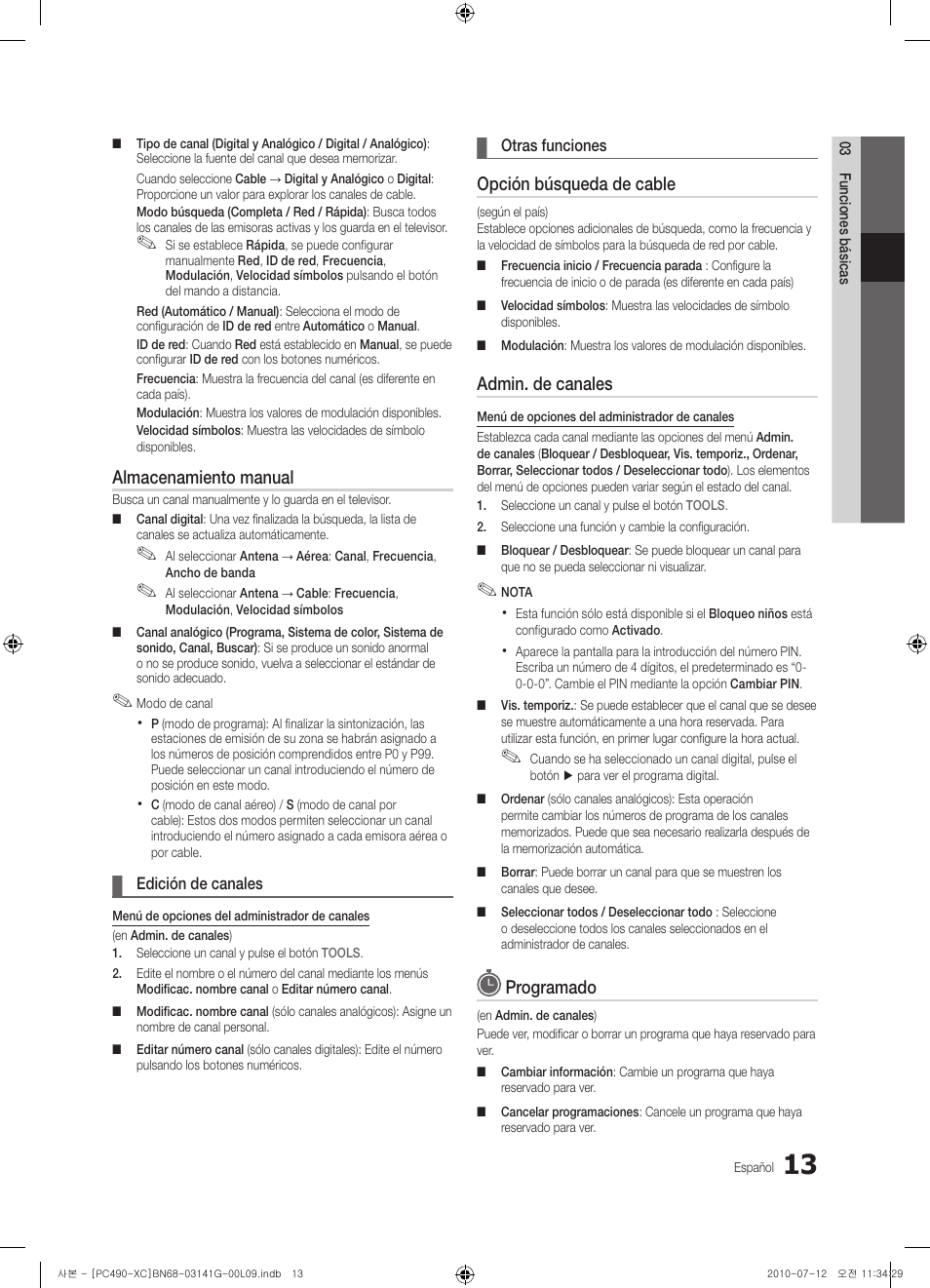 Almacenamiento manual, Opción búsqueda de cable, Admin. de canales | Programado | Samsung PS50C490B3W User Manual | Page 225 / 382