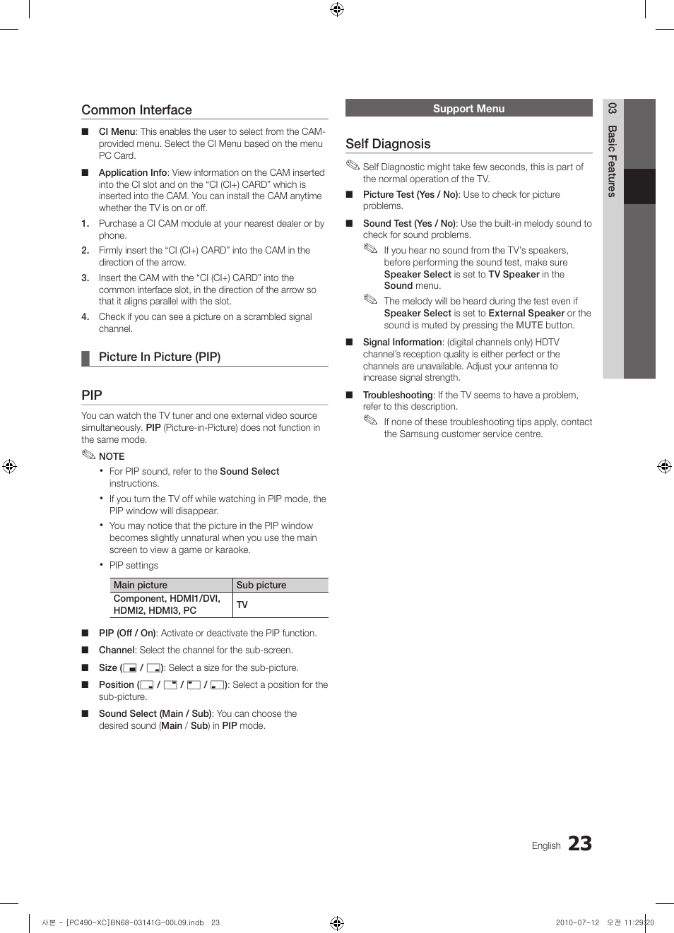 Common interface, Self diagnosis | Samsung PS50C490B3W User Manual | Page 23 / 382