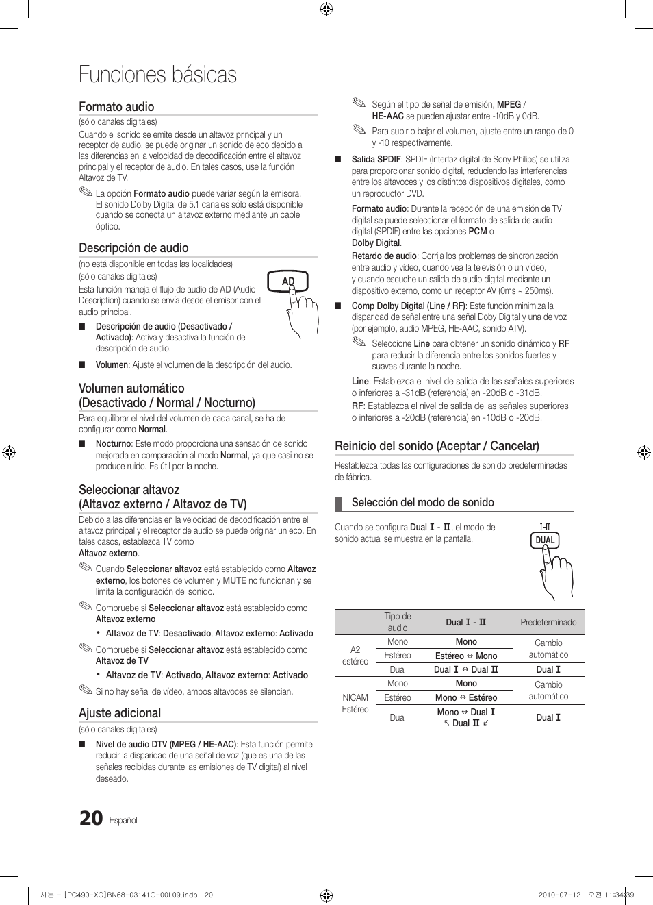 Funciones básicas, Formato audio, Descripción de audio | Ajuste adicional, Reinicio del sonido (aceptar / cancelar) | Samsung PS50C490B3W User Manual | Page 232 / 382