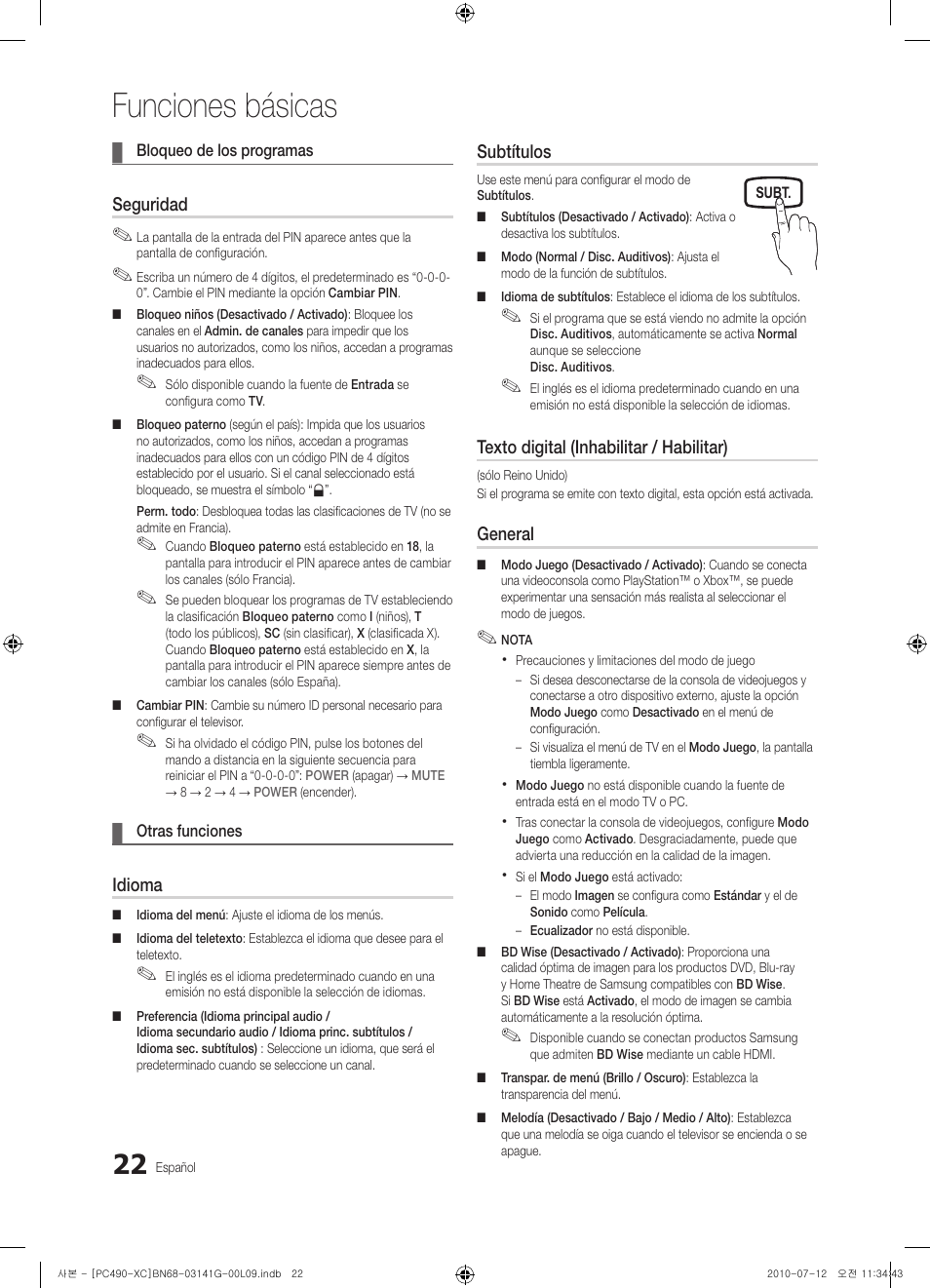 Funciones básicas | Samsung PS50C490B3W User Manual | Page 234 / 382