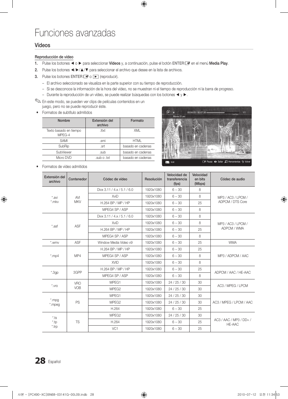 Funciones avanzadas, Vídeos | Samsung PS50C490B3W User Manual | Page 240 / 382