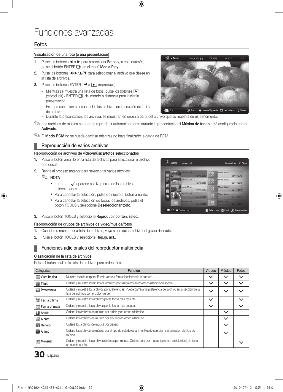 Funciones avanzadas, Fotos, Reproducción de varios archivos | Funciones adicionales del reproductor multimedia | Samsung PS50C490B3W User Manual | Page 242 / 382