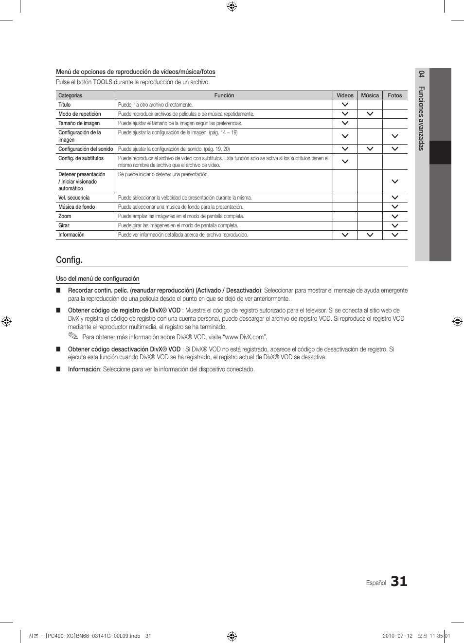 Config | Samsung PS50C490B3W User Manual | Page 243 / 382