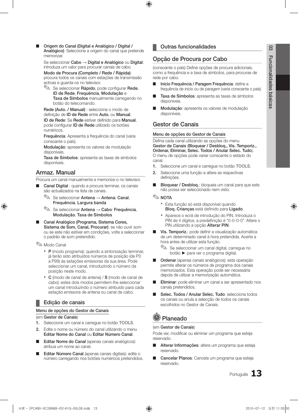 Armaz. manual, Opção de procura por cabo, Gestor de canais | Planeado | Samsung PS50C490B3W User Manual | Page 267 / 382