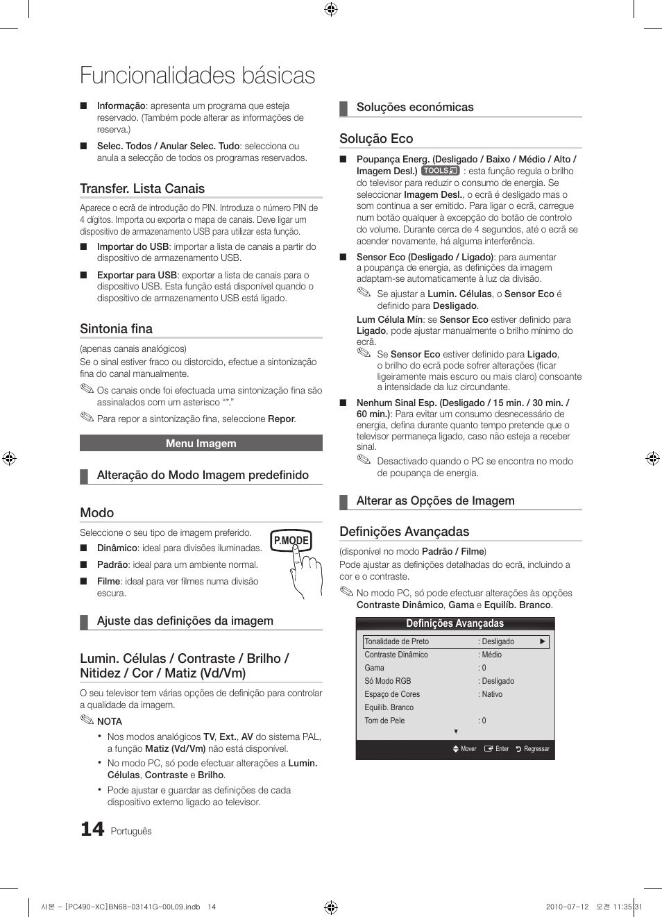 Funcionalidades básicas, Transfer. lista canais, Sintonia fina | Modo, Solução eco, Definições avançadas | Samsung PS50C490B3W User Manual | Page 268 / 382