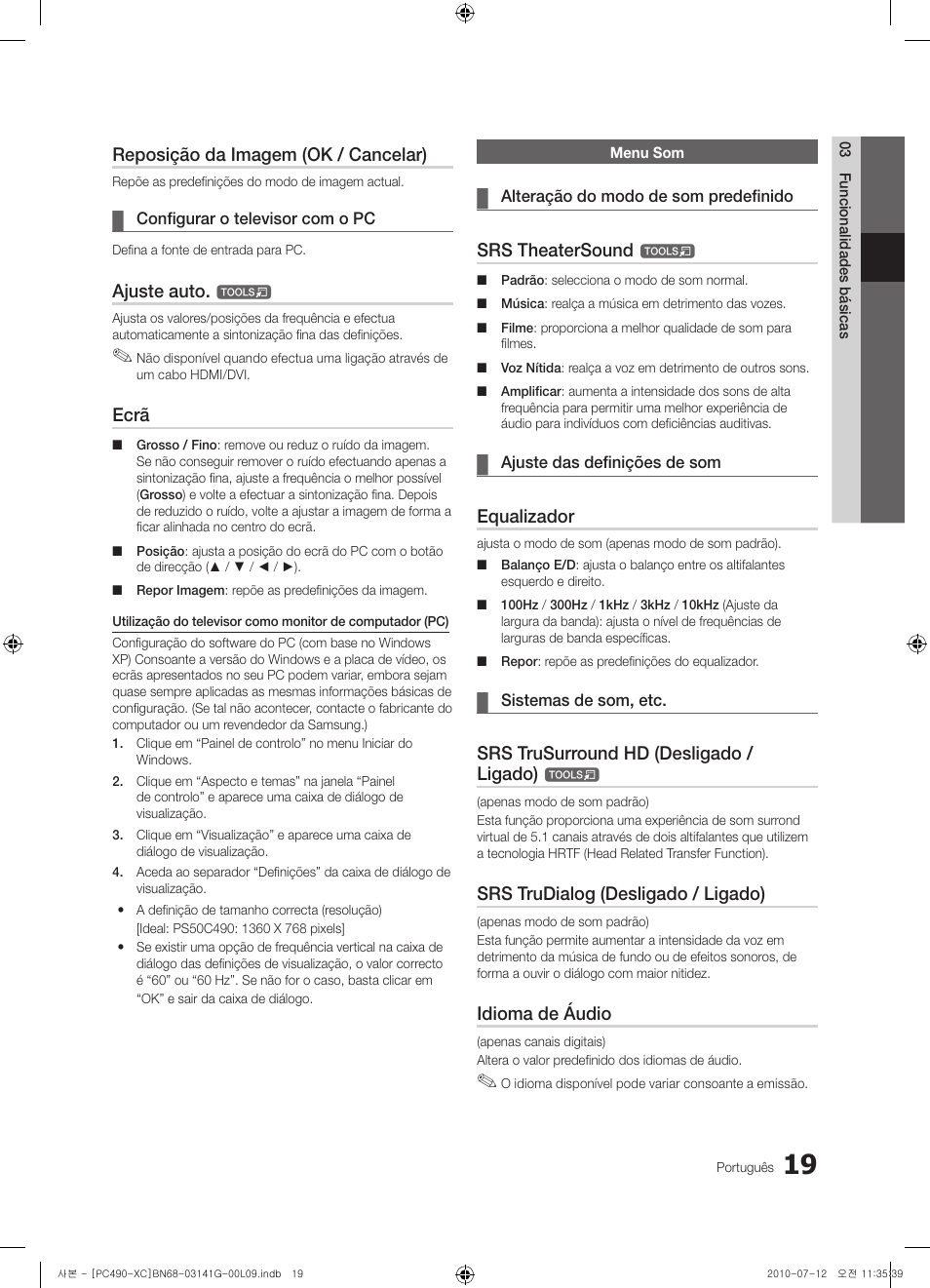 Reposição da imagem (ok / cancelar), Ajuste auto, Ecrã | Srs theatersound, Equalizador, Srs trusurround hd (desligado / ligado), Srs trudialog (desligado / ligado), Idioma de áudio | Samsung PS50C490B3W User Manual | Page 273 / 382