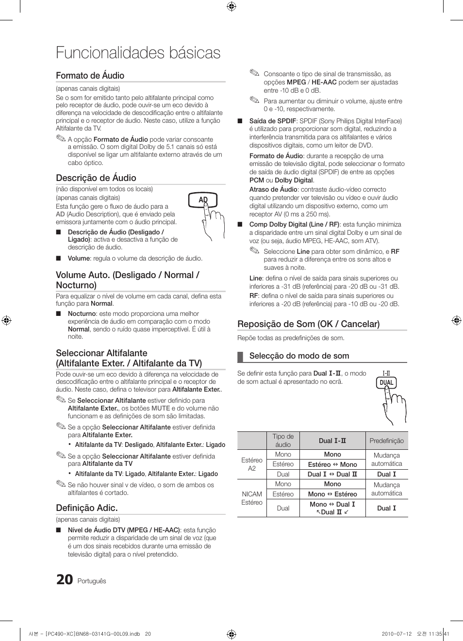 Funcionalidades básicas, Formato de áudio, Descrição de áudio | Volume auto. (desligado / normal / nocturno), Definição adic, Reposição de som (ok / cancelar) | Samsung PS50C490B3W User Manual | Page 274 / 382