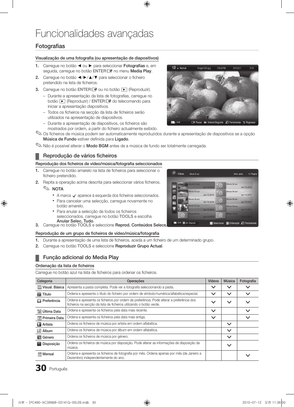 Funcionalidades avançadas, Fotografias, Reprodução de vários ficheiros | Função adicional do media play | Samsung PS50C490B3W User Manual | Page 284 / 382