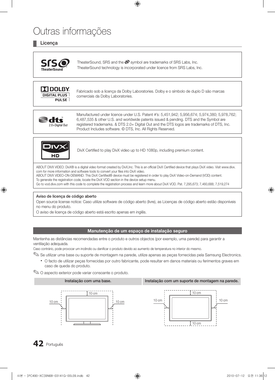Outras informações | Samsung PS50C490B3W User Manual | Page 296 / 382