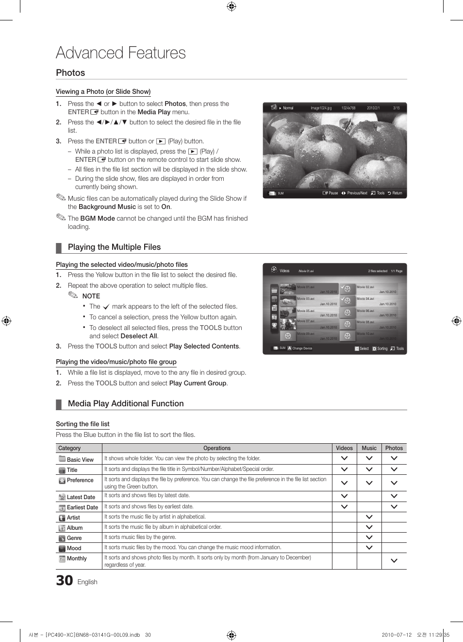 Advanced features, Photos, Playing the multiple files | Media play additional function | Samsung PS50C490B3W User Manual | Page 30 / 382