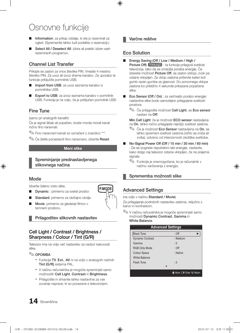 Osnovne funkcije | Samsung PS50C490B3W User Manual | Page 310 / 382