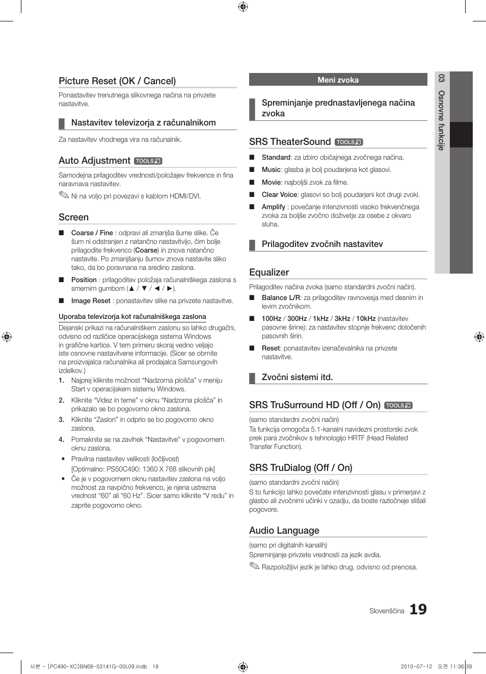 Picture reset (ok / cancel), Auto adjustment, Screen | Srs theatersound, Equalizer, Srs trusurround hd (off / on), Srs trudialog (off / on), Audio language | Samsung PS50C490B3W User Manual | Page 315 / 382