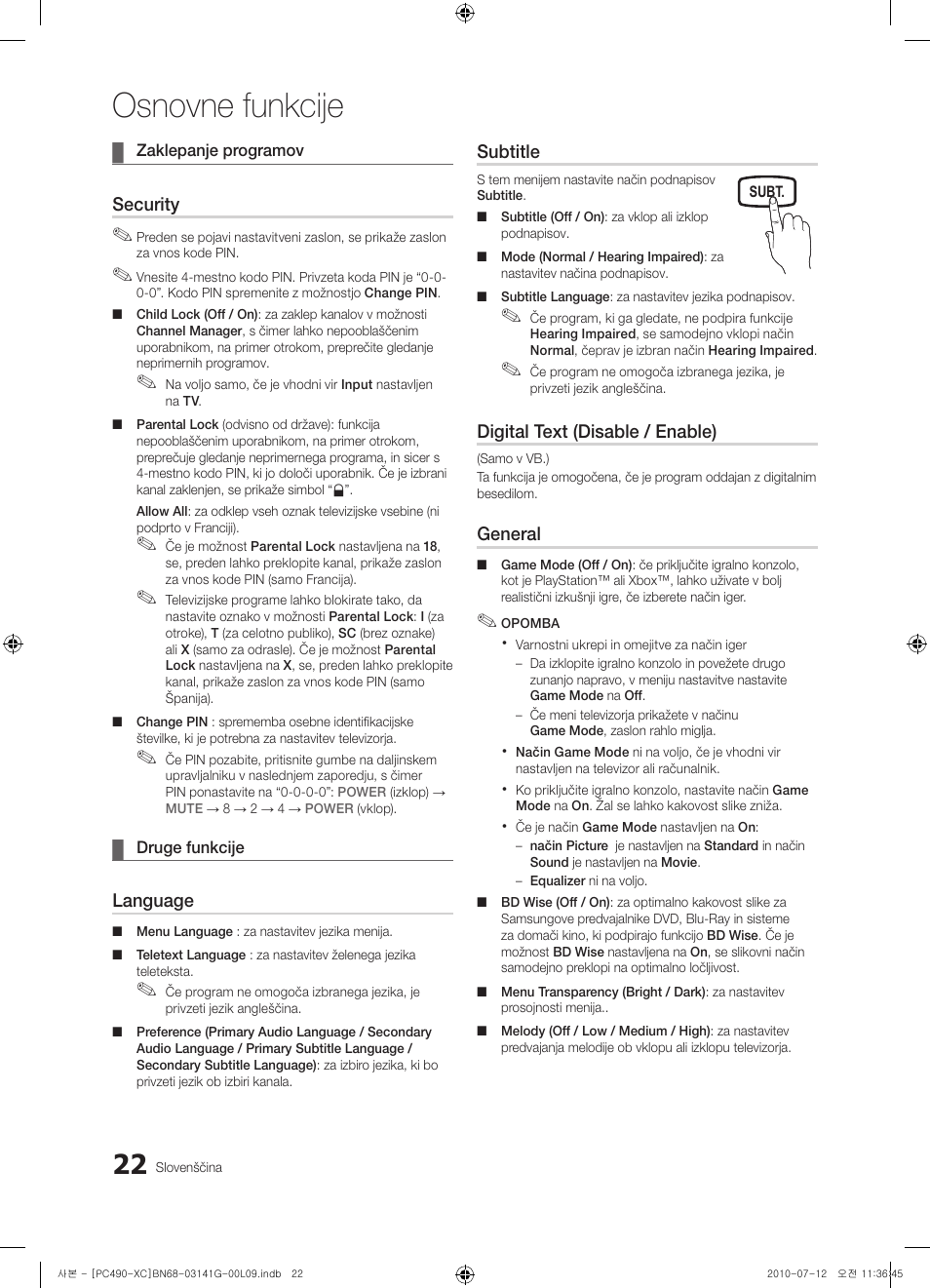 Osnovne funkcije | Samsung PS50C490B3W User Manual | Page 318 / 382