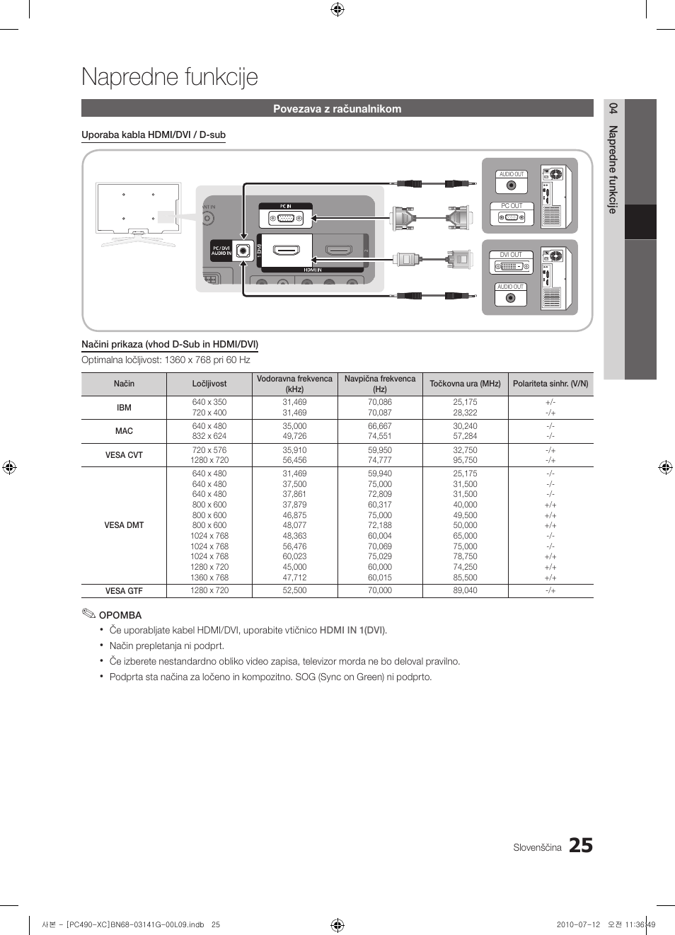 Napredne funkcije | Samsung PS50C490B3W User Manual | Page 321 / 382