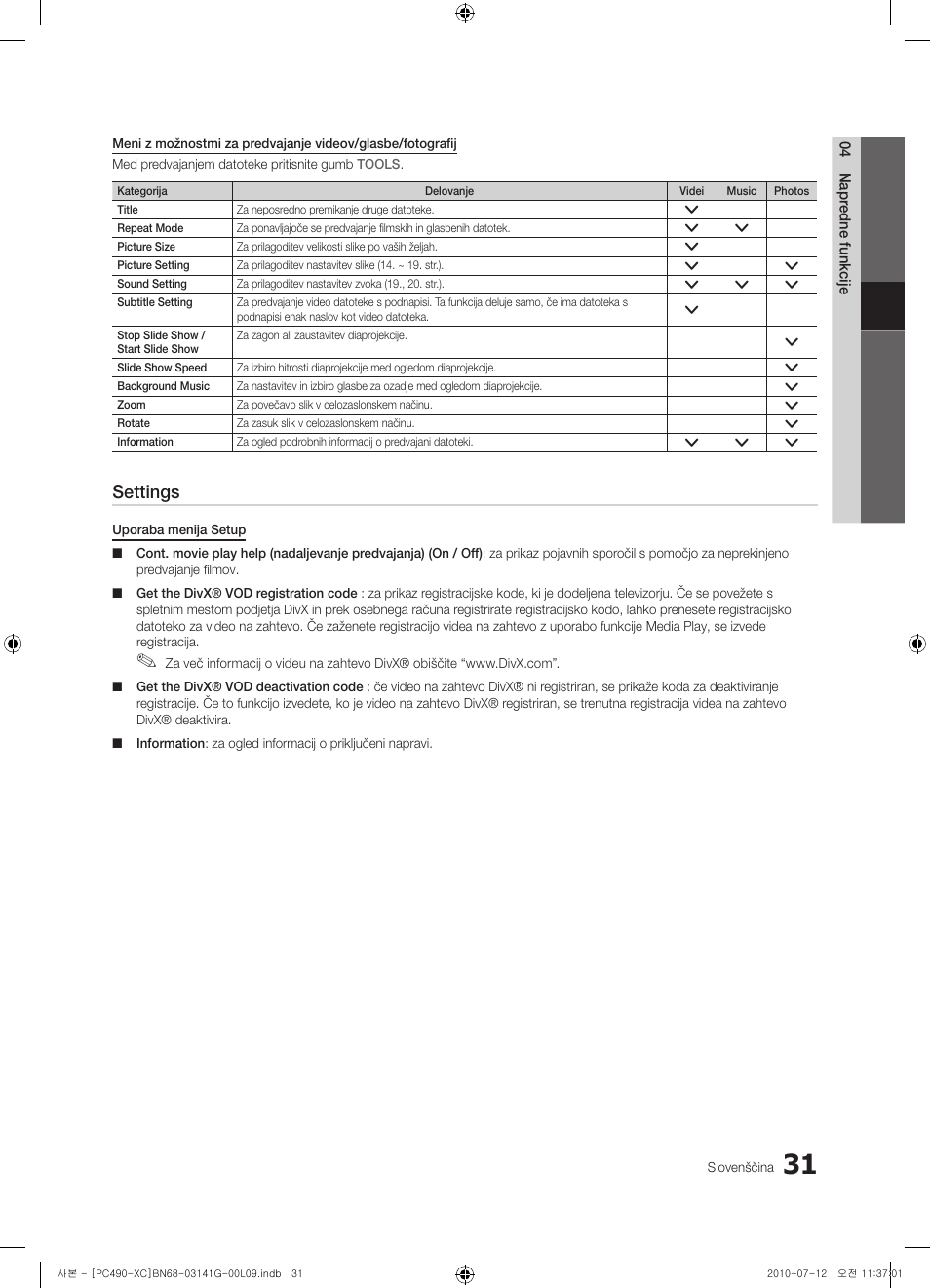 Settings | Samsung PS50C490B3W User Manual | Page 327 / 382
