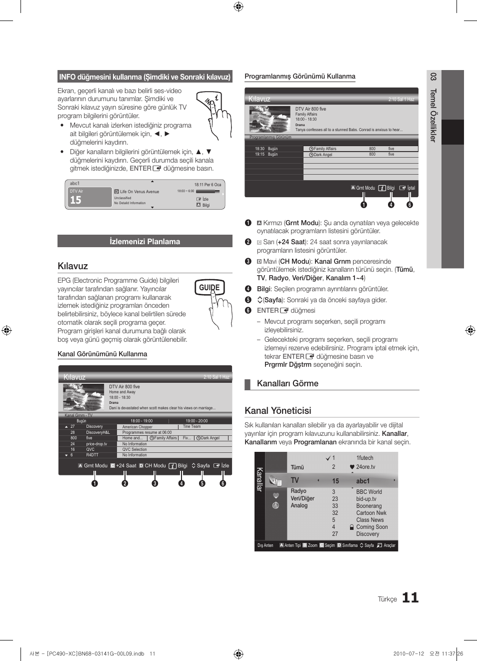 Kılavuz, Kanal yöneticisi, Kanalları görme | Guide, Izlemenizi planlama, Kanallar | Samsung PS50C490B3W User Manual | Page 349 / 382