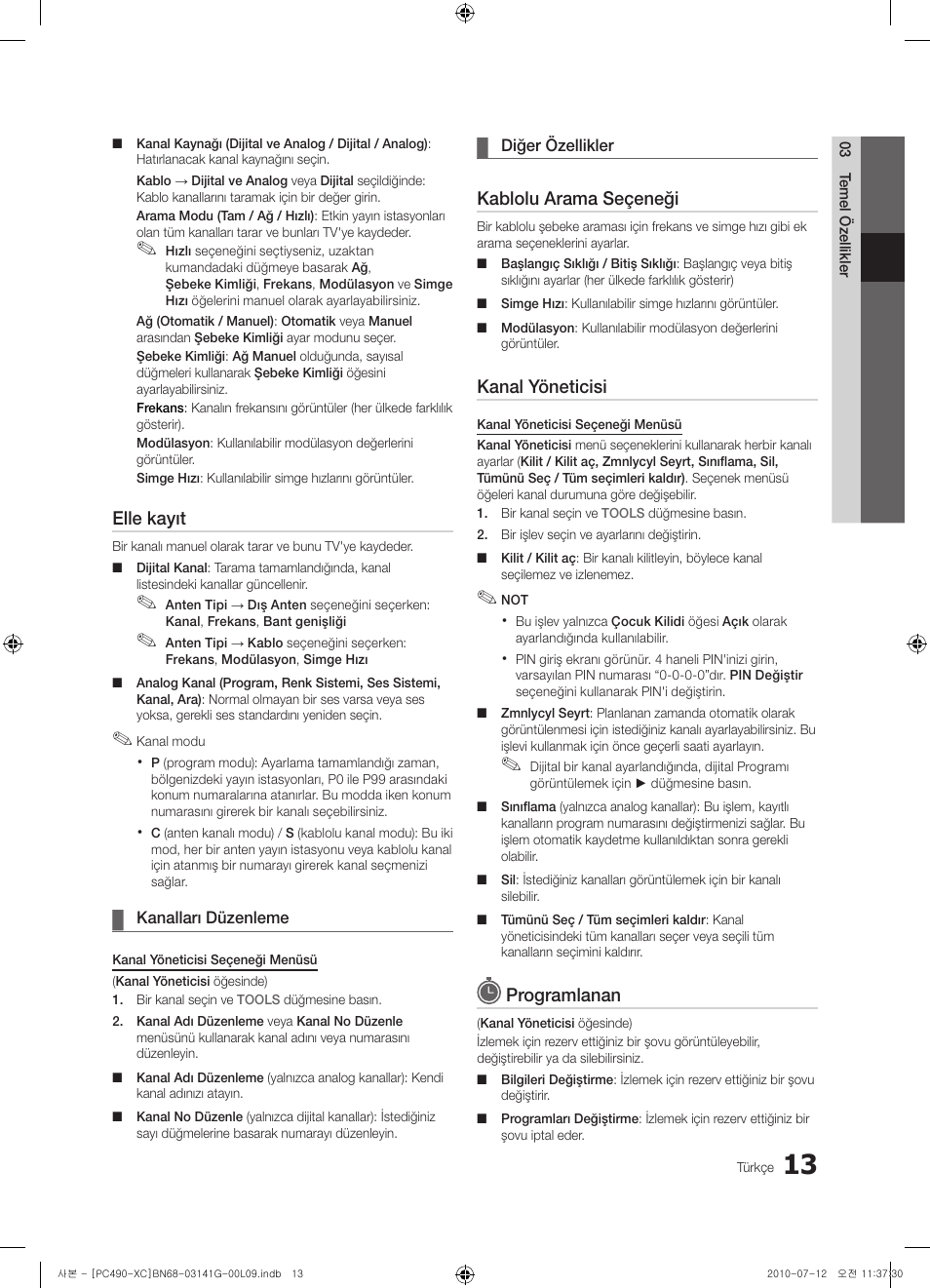 Elle kayıt, Kablolu arama seçeneği, Kanal yöneticisi | Programlanan | Samsung PS50C490B3W User Manual | Page 351 / 382