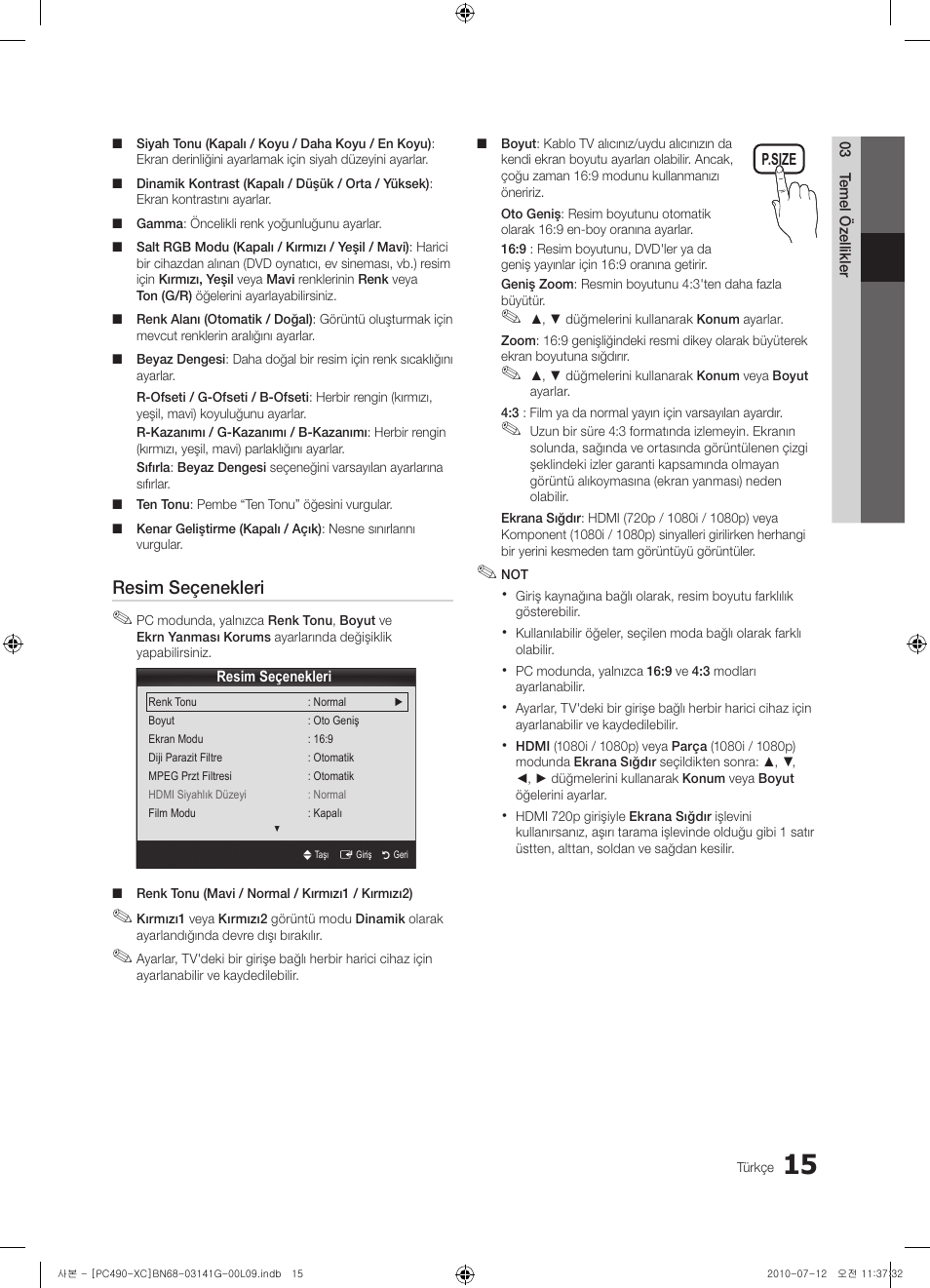Resim seçenekleri | Samsung PS50C490B3W User Manual | Page 353 / 382