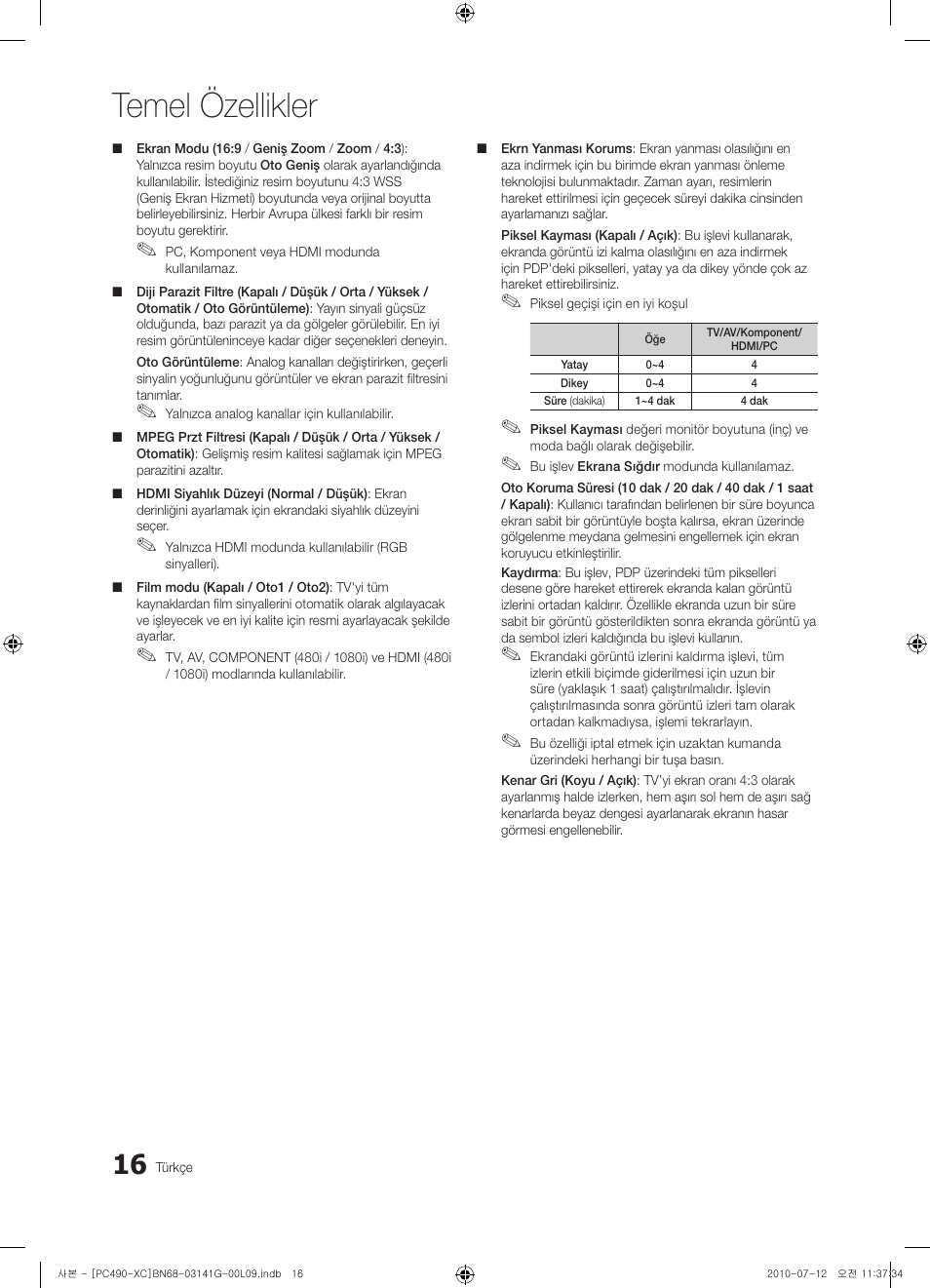 Temel özellikler | Samsung PS50C490B3W User Manual | Page 354 / 382