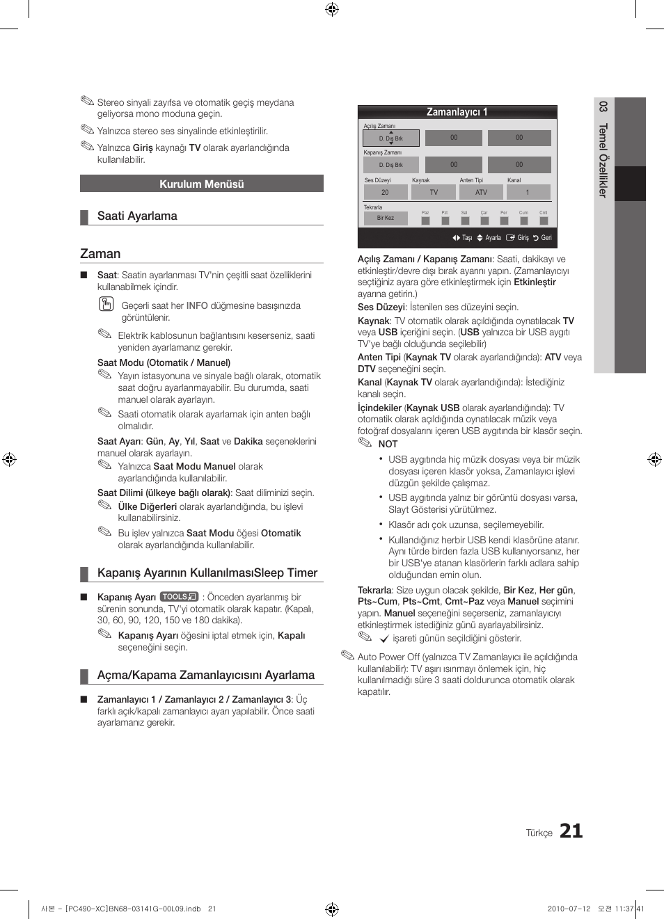 Zaman | Samsung PS50C490B3W User Manual | Page 359 / 382