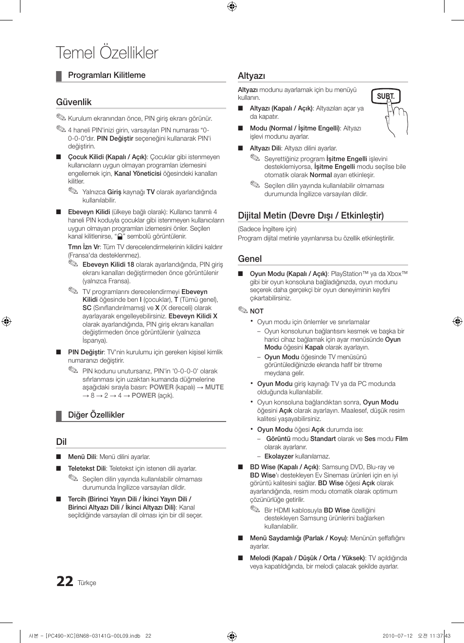 Temel özellikler | Samsung PS50C490B3W User Manual | Page 360 / 382