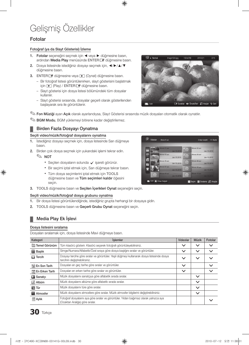Gelişmiş özellikler, Fotolar, Birden fazla dosyayı oynatma | Media play ek işlevi | Samsung PS50C490B3W User Manual | Page 368 / 382