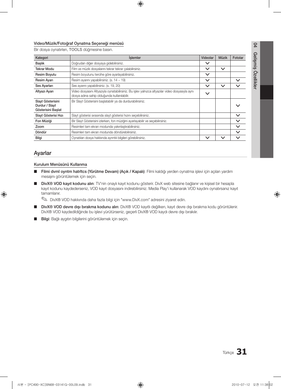 Ayarlar | Samsung PS50C490B3W User Manual | Page 369 / 382