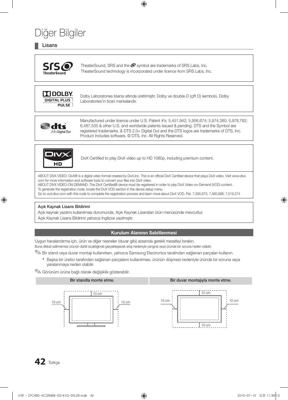 Diğer bilgiler | Samsung PS50C490B3W User Manual | Page 380 / 382