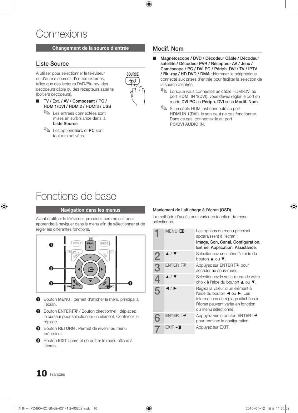 Connexions fonctions de base, Liste source, Modif. nom | Samsung PS50C490B3W User Manual | Page 52 / 382