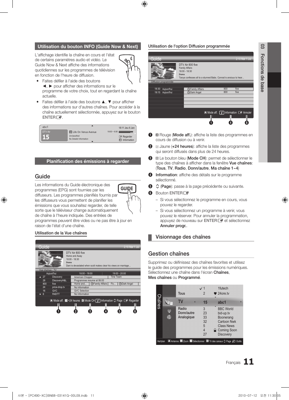 Guide, Gestion chaînes, Visionnage des chaînes | Planification des émissions à regarder, Chaînes | Samsung PS50C490B3W User Manual | Page 53 / 382