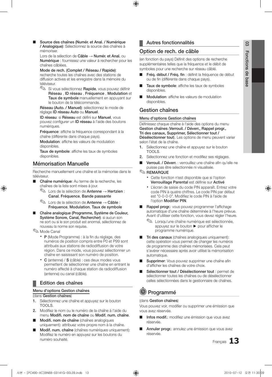Mémorisation manuelle, Option de rech. de câble, Gestion chaînes | Programmé | Samsung PS50C490B3W User Manual | Page 55 / 382