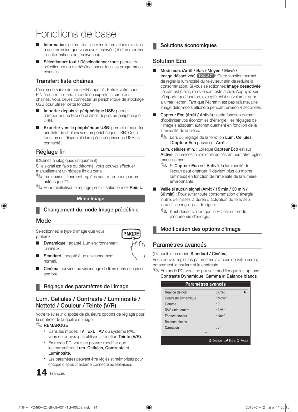 Fonctions de base, Transfert liste chaînes, Réglage fin | Mode, Solution eco, Paramètres avancés | Samsung PS50C490B3W User Manual | Page 56 / 382
