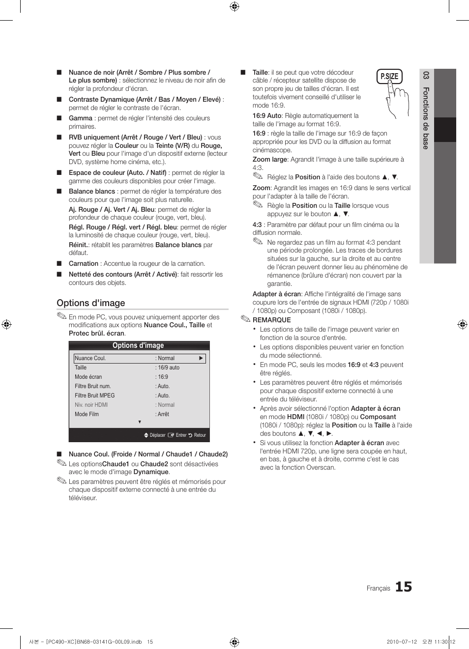 Options d'image | Samsung PS50C490B3W User Manual | Page 57 / 382