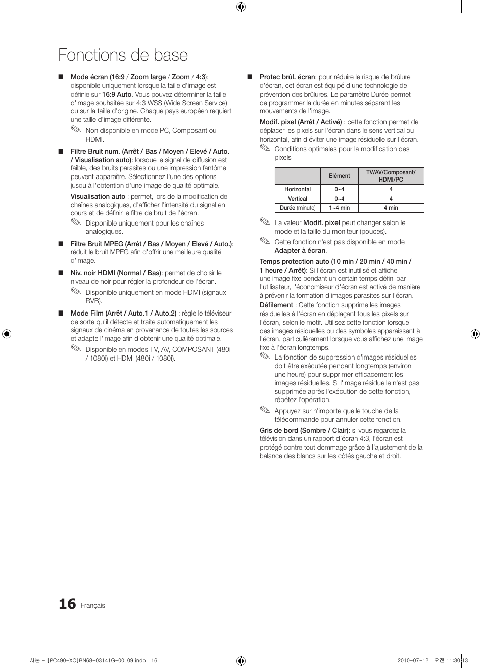 Fonctions de base | Samsung PS50C490B3W User Manual | Page 58 / 382