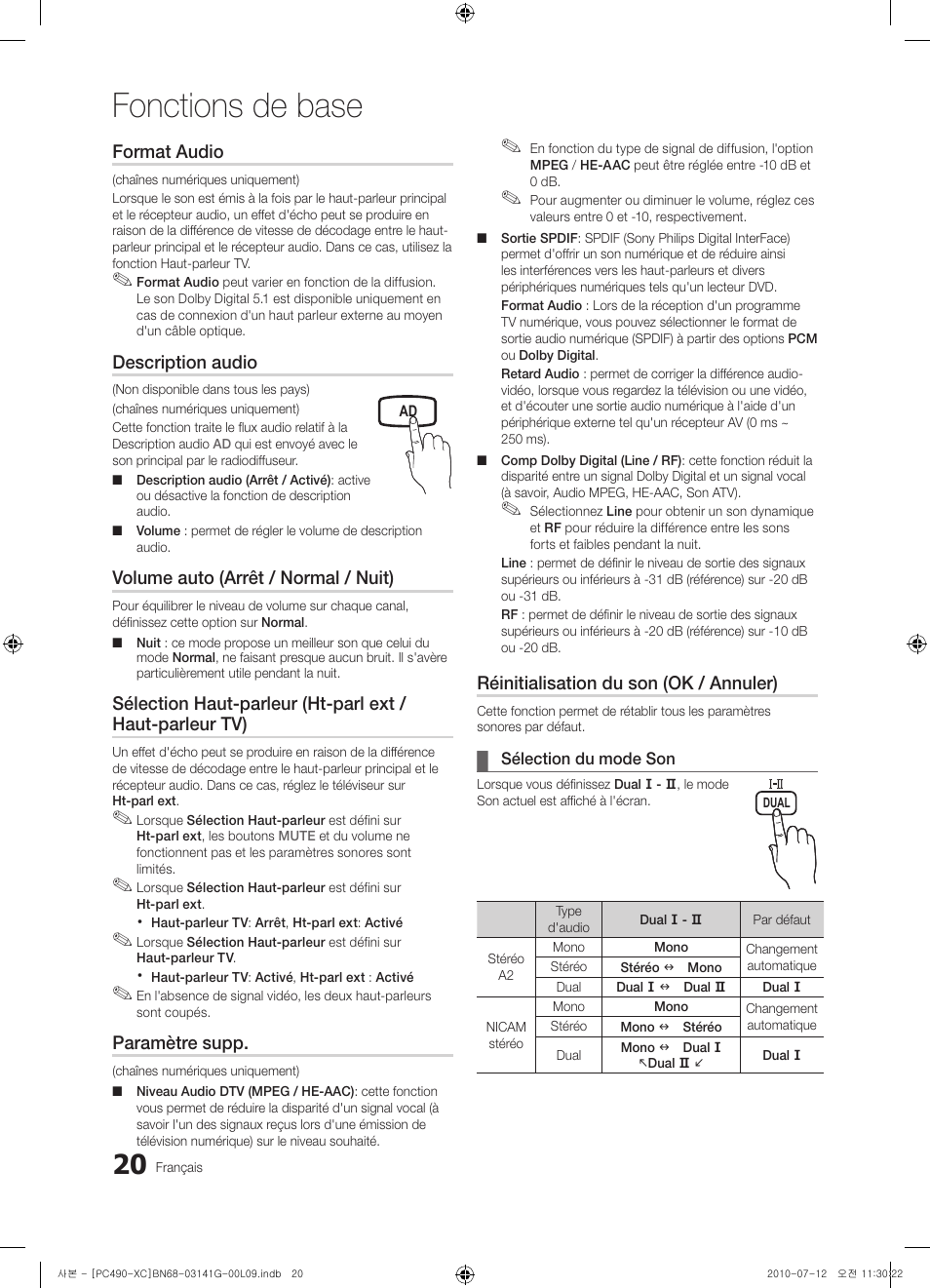 Fonctions de base, Format audio, Description audio | Volume auto (arrêt / normal / nuit), Paramètre supp, Réinitialisation du son (ok / annuler) | Samsung PS50C490B3W User Manual | Page 62 / 382