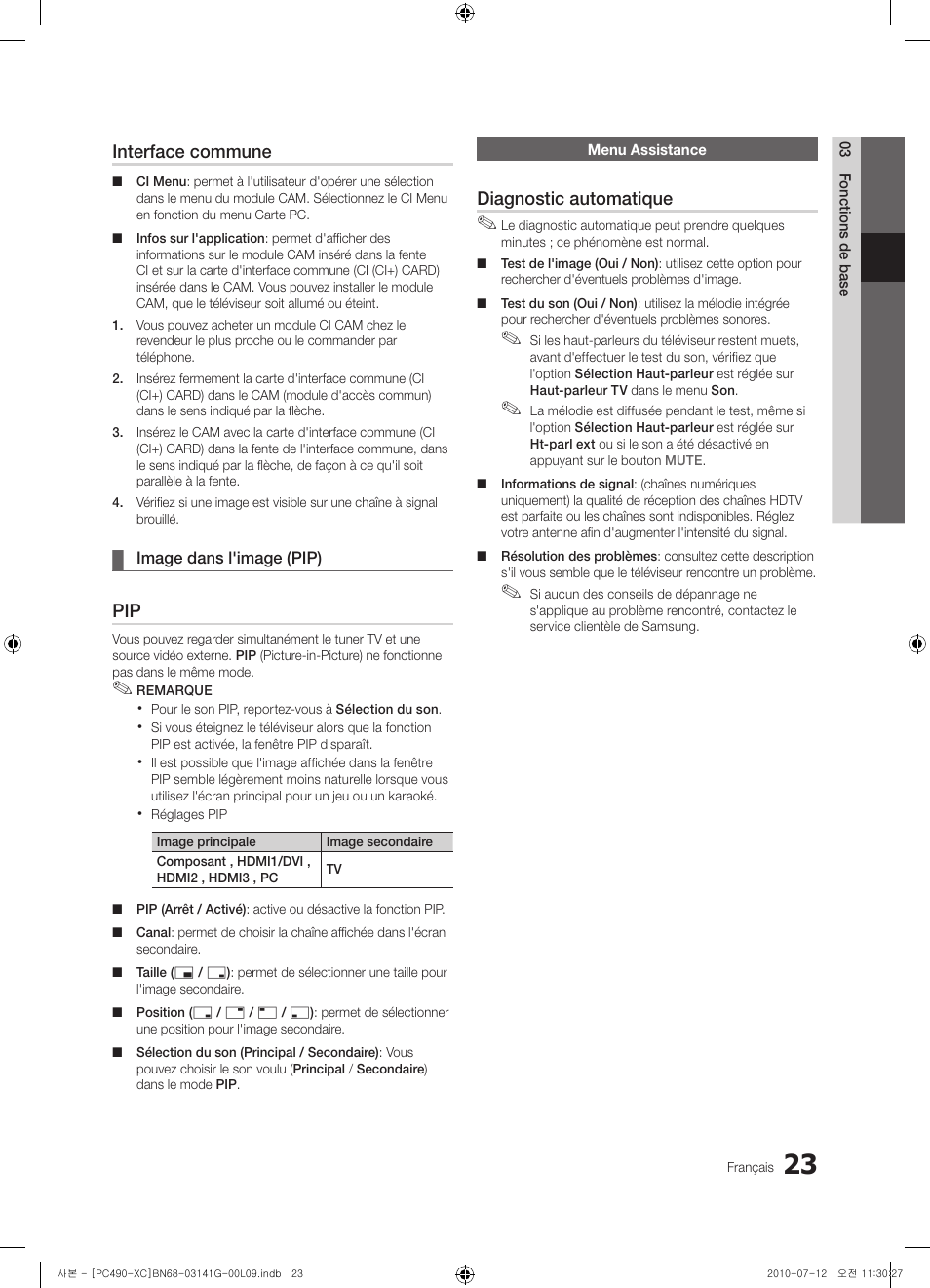 Interface commune, Diagnostic automatique | Samsung PS50C490B3W User Manual | Page 65 / 382