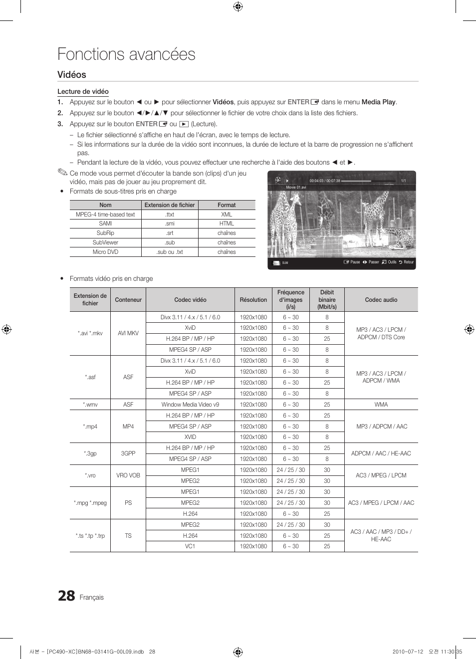 Fonctions avancées, Vidéos | Samsung PS50C490B3W User Manual | Page 70 / 382