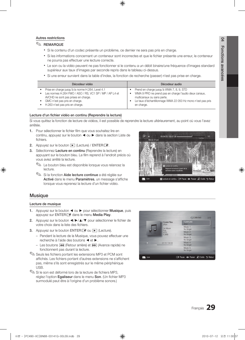 Musique | Samsung PS50C490B3W User Manual | Page 71 / 382