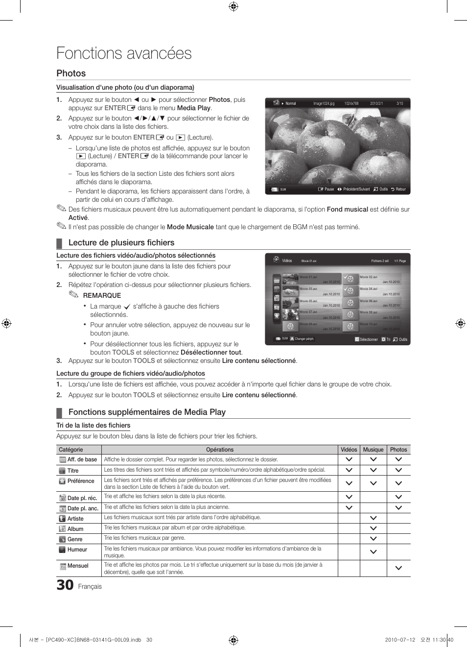 Fonctions avancées, Photos, Lecture de plusieurs fichiers | Fonctions supplémentaires de media play | Samsung PS50C490B3W User Manual | Page 72 / 382