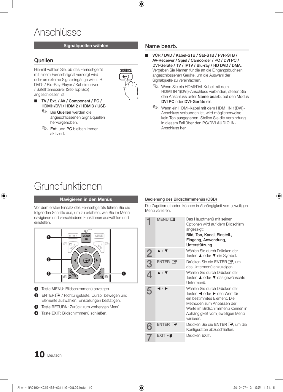 Anschlüsse grundfunktionen, Quellen, Name bearb | Samsung PS50C490B3W User Manual | Page 94 / 382